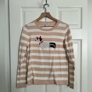 J.CREW Beige White Striped Dog Graphic Pullover Sweater 100% Cotton Small